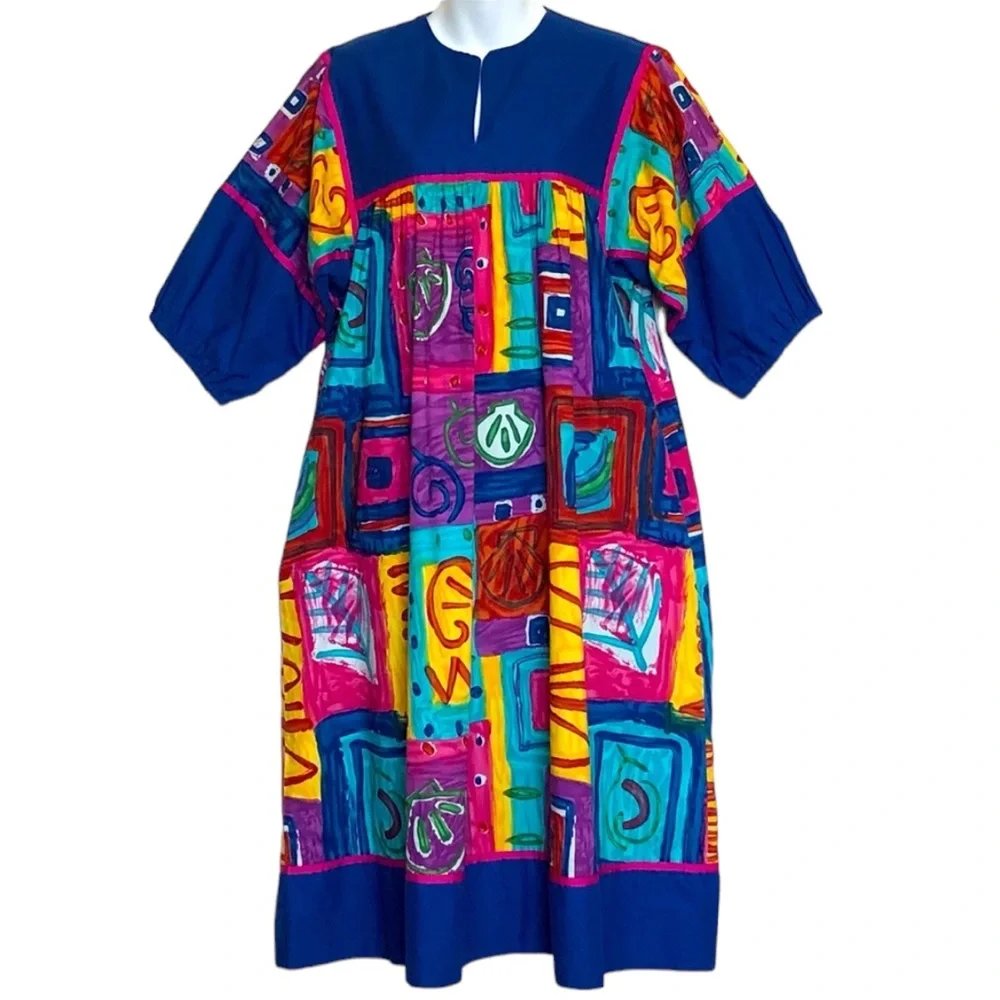 Vintage Krist Gudnason Wearable Art Abstract Print Dress Sz L - Picture 1 of 9
